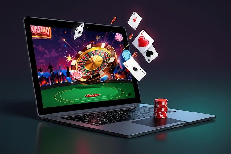 Antarmuka permainan slot dengan gulungan, tombol kontrol, dan tampilan saldo
